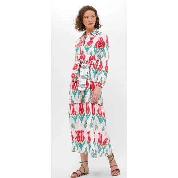 OLIPHANT Tuckernuck Tie Waist Belt Shirt Dress Maxi Midi Ikat Sumba Red Print XS - Picture 8 of 16